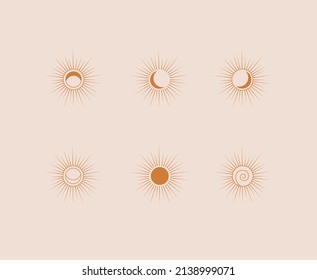 Bohemian boho sun linear logo, icon, symbol, geometric abstract design elements for decoration. Sun symbols icon set.