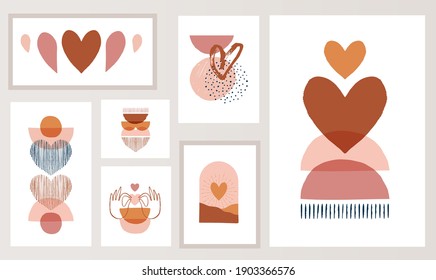 Bohemian, Boho Valentines day illustrations, hand drawn artwork in terracotta, earthy colours, heart and love concept design