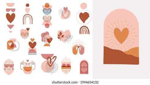 Bohemian, Boho Valentines day illustrations, hand drawn artwork in terracotta, earthy colours, heart and love concept design