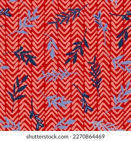 Bohemian, botanical seamless repeat pattern. Geometrical background with leaves all over surface print on red background.