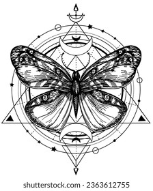 Tatuajes de mariposa bohemia de estilo geométrico. Dibujo de ilustración de mariposa, símbolo místico. Símbolos místicos ocultos e insectos. Arte celestial con luna y estrella. Ilustración del vector