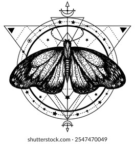 Bohemian butterfly tattoos in geometric style. Butterfly illustration sketch, mystical symbol. Mystical occult symbols and insects. Celestial art with moon and star. Vector illustration