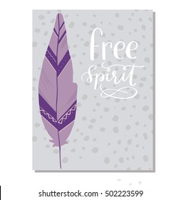 bohemian card feather free spirit lettering on dots pattern background purple violet