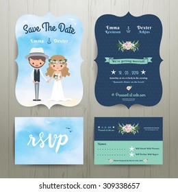 Bohemian cartoon couple on the beach wedding card template set on wood background