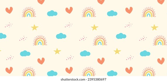 Böhmisches Baumkronmuster.Nahtloses Boho-Muster mit Cartoon-Regenbogen, Wolken und Sternen.Vektorgrafik für Kinderdekoration. Nahtloses Muster mit Cartoon Regenbogen, Sonne, Planet