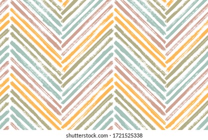 Bohemian Chevron Fashion Print Vector Seamless Pattern. Paintbrush Strokes Geometric Stripes. Hand Drawn Paint Texture Zig Zag Chevron Elements. Watercolor Textile Print Seamless Design.