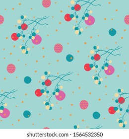 Bohemian christmas golden and pink stars, balls, branches seamless repeat pattern.