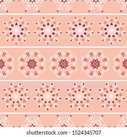 Bohemian Christmas lace snowflakes with horizontal stripes vector seamless pattern on bright orange background for fabric, wallpaper, scrapooking projects for the winter Holidays. Surface pattern