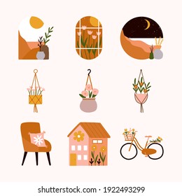 Bohemian collection abstract aesthetic interior apartment window scenery mountains desert arches sunset sun and moon, Scandinavian hanging plant pots, comfy armchairs, Floral house and Bicycle flower.