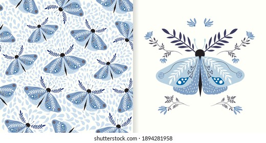 Bohemian collection with blue moths and flowers, seamless pattern and greeting card