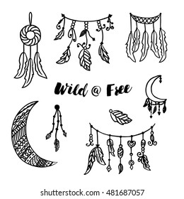 Bohemian collection with feathers, dreamcatcher, month, beads. Templates for invitations, cards, decals, scrap booking. Black isolated elements on white.