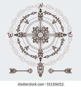 Bohemian compass. Compass in a vintage boho and tribal style. Vector illustration. Good for tattoo and for hippie projects design