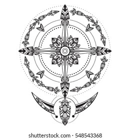 Bohemian compass. Compass in a vintage boho and tribal style. Vector illustration. Good for flash tattoo and for hippie projects design. Dreamcatcher