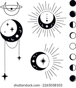 Bohemian Crescent Moon with Stars and Rays Astrology Illustration. Moon Phases SVG Vector Clipart. Celestial, Mystical, Esoteric designs perfect for Printing. T-shirt, Mugs, Cut Boards Cut File  svg