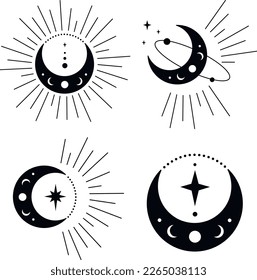 Bohemian Crescent Moon with Stars and Rays Astrology Illustration Set. Moon Phases SVG Vector Clipart. Celestial, Mystical, Esoteric designs perfect for Printing. T-shirt, Mugs, Cut Boards Cut File  svg