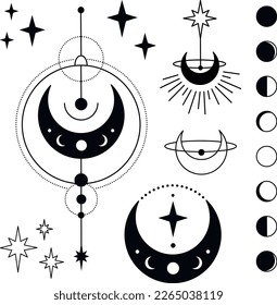 Bohemian Crescent Moon with Stars and Rays Astrology Illustration. Moon Phases SVG Vector Clipart. Celestial, Mystical, Esoteric designs perfect for Printing. T-shirt, Mugs, Cut Boards Cut File  svg