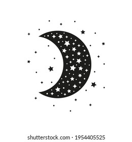 Bohemian Crescent With Stars And Dots Isolated On White Background. Witchy Luna. Alchemy Esoteric Magic Talisman. Mystical Symbol.