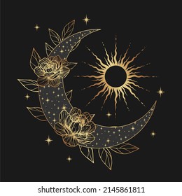 Bohemian Crescent With Stars And Flowers Isolated On Black Background. Alchemy Esoteric Magic Talisman. Mystical Symbol.