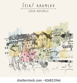 Bohemian Crumlaw, Czech republic, Europe. River bank, trees, medieval houses. Fairytale European town. Travel sketch. Hand-drawn vintage touristic postcard, poster template, book illustration. Vector