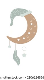 Bohemian cute moon vector in pastel colors. Scandinavian baby abstract, boho moon with feather, heart, stars isolated on white background. Printable poster illustration for kids fabric paper. 