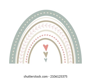 Bohemian cute rainbow vector in pastel colors. Baby abstract, boho rainbows  with drops, pink heart, stars, clouds isolated on white background. Printable poster illustration for kids fabric paper. 
