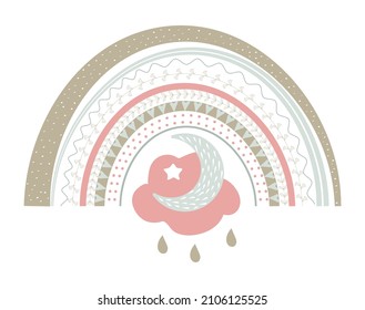 Bohemian cute rainbow vector in pastel colors. Baby abstract, boho rainbows  with drops, pink heart, stars, clouds isolated on white background. Printable poster illustration for kids fabric paper. 