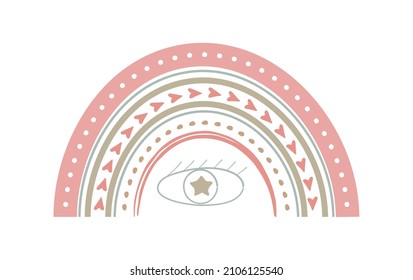 Bohemian cute rainbow vector in pastel colors. Baby abstract, boho rainbows  with drops, pink heart, stars, clouds isolated on white background. Printable poster illustration for kids fabric paper. 