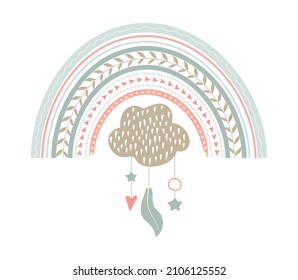 Bohemian cute rainbow vector in pastel colors. Baby abstract, boho rainbows  with drops, pink heart, stars, clouds isolated on white background. Printable poster illustration for kids fabric paper. 