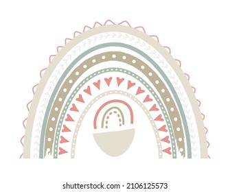 Bohemian cute rainbow vector in pastel colors. Baby abstract, boho rainbows  with drops, pink heart, stars, clouds isolated on white background. Printable poster illustration for kids fabric paper. 