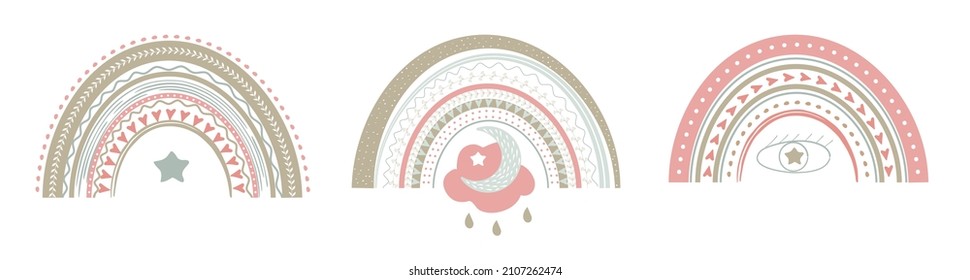 Bohemian cute rainbow vector in pastel colors. Baby abstract, boho rainbows  with drops, heart, stars, cloud isolated on white background. Printable poster illustration for kids fabric paper. 