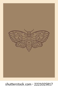 Bohemian death's head hawkmoth. Mystical death moth with skull. Tarot card design. Vintage poster. Vector illustration