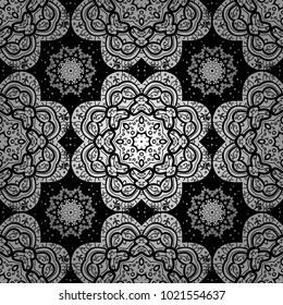 Bohemian decorative element, indian henna design, vector retro circle ornament. Mandala, tribal vintage sketch with a medallion on black, white, gray colors. Pattern with art flower for Tibetan yoga.