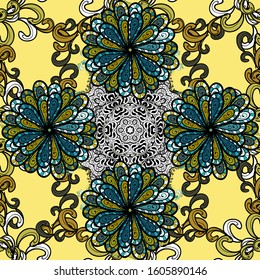 Bohemian decorative element, indian henna design, vector ornament. Pattern with abstract art flower for Tibetan yoga. Mandala, tribal vintage sketch with a medallion on blue, black and yellow colors.