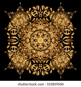 Bohemian decorative element, indian henna design, vector retro circle ornament. Mandala gold, tribal vintage sketch with a medallion on black background. Pattern with abstract star for Tibetan yoga.