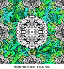 Bohemian decorative element, indian henna design, vector retro circle ornament. Mandala, tribal vintage sketch with a medallion on green background. Pattern with abstract art flower for Tibetan yoga.