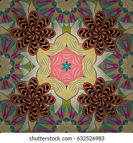 Bohemian decorative element, indian henna design, vector retro circle ornament. Mandala, tribal vintage sketch with a medallion on violet background. Pattern with abstract art flower for Tibetan yoga.