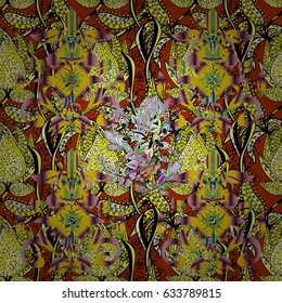 Bohemian decorative element, indian henna design, retro circle ornament on brown. Mandala colored, tribal vintage background with a medallion. Pattern with abstract art flower for Tibetan yoga.