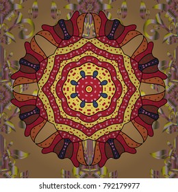 Bohemian decorative element, indian henna design, retro circle on beige, red and yellow. Mandala colored, tribal vintage background with a medallion. Pattern with abstract art flower for Tibetan yoga.