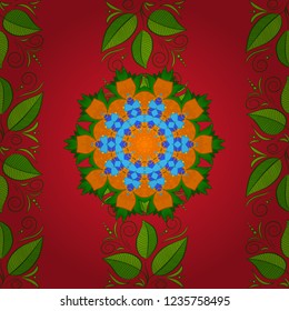 Bohemian decorative element, indian, retro circle ornament on green, red and orange. Pattern with abstract art flower for Tibetan yoga. Mandala colored, tribal vintage background with a medallion.