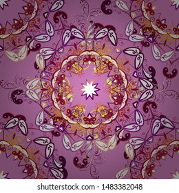 Bohemian decorative element, indian, vector retro circle ornament. Pattern with abstract art flower for Tibetan yoga. Mandala, tribal vintage sketch with a medallion on white, pink and purple colors.