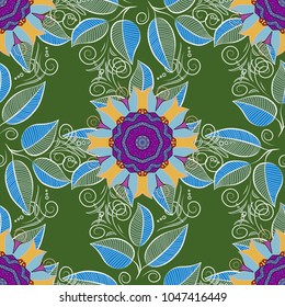 Bohemian decorative element, vector retro circle ornament. Mandala, tribal vintage sketch with a medallion on green, blue and neutral colors. Pattern with abstract art flower for Tibetan yoga.