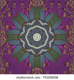 Bohemian decorative element, vector retro circle ornament. Mandala, tribal vintage sketch with a medallion on violet, blue and green colors. Pattern with abstract art flower for Tibetan yoga.