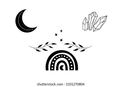 Elementos decorativos bohemios con luna creciente, cristales, hojas. Ilustración mística vectorial aislada en fondo blanco. Arte de brujas. Magia floral clipart para el logo esotérico, tatuaje, afiche tarot.