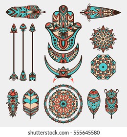 Bohemian decorative symbols. Hamsa, arrows, feathers, moons, mandalas. Set of tribal, esoteric and boho elements. Boho concept bunch.