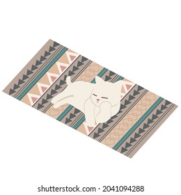 Bohemian design rug and small cat resting hand on cheek. Bossy kitten not interested about the surroundings. Flat vector illustration