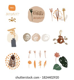 Bohemian design. Vector set of decorative elements in the boho style. Vases, plants, spots in warm shades. Contemporary art print. Design for T-shirts, posters, labels, media and social media covers.