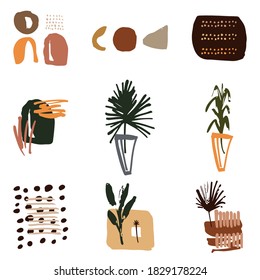 Bohemian design. Vector set of decorative elements in the boho style. Vases, plants, spots in warm shades. Contemporary art print. Design for T-shirts, posters, labels, media and social media covers.