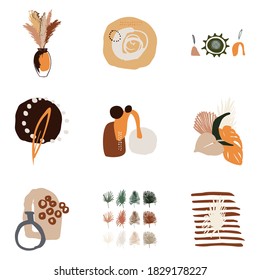 Bohemian design. Vector set of decorative elements in the boho style. Vases, plants, spots in warm shades. Contemporary art print. Design for T-shirts, posters, labels, media and social media covers.