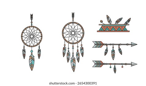 Bohemian dream catchers and arrows with native american inspired feather decorations