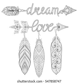 Bohemian Dream, love Arrows set with feathers for adult coloring pages,books, art therapy, ethnic patterned t-shirt print, Boho chic tribal style. Doodle Illustration, henna tattoo design.